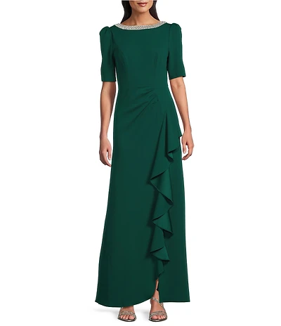 Alex Evenings Crepe Embellished Boat Neck 3/4 Sleeve Ruffle Cascade A-Line Gown