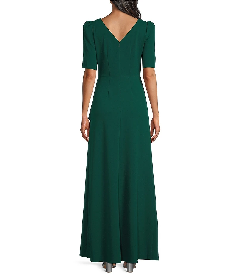Alex Evenings Crepe Embellished Boat Neck 3/4 Sleeve Ruffle Cascade A-Line Gown