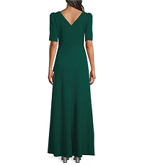 Alex Evenings Crepe Embellished Boat Neck 3/4 Sleeve Ruffle Cascade A-Line Gown