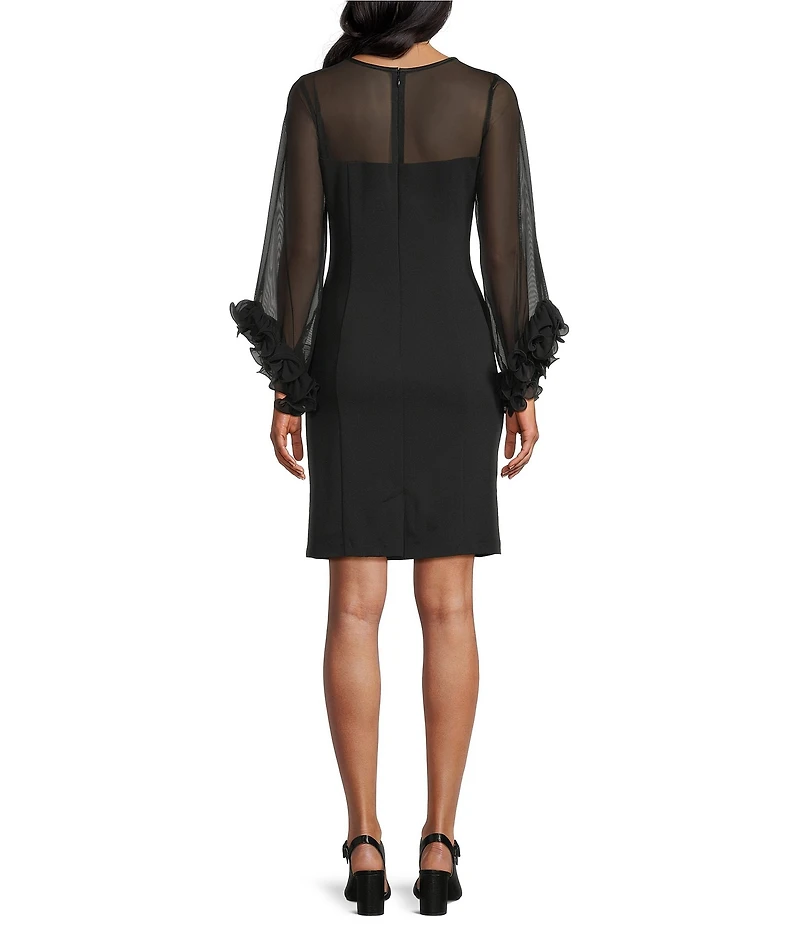 Alex Evenings Crepe Illusion Boat Neck 3/4 Ruffle Sleeve Sheath Dress