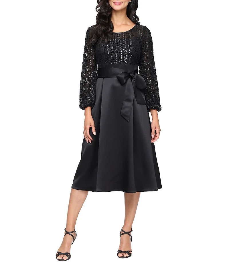 Alex Evenings Crepe Sequin 3/4 Sleeve Belted Satin Skirt A-Line Midi Dress