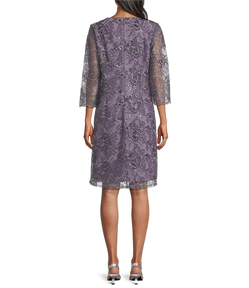 Alex Evenings Crew Neck 3/4 Sleeve Embroidered Stretch Tulle Mock Jacket Dress