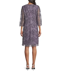 Alex Evenings Crew Neck 3/4 Sleeve Embroidered Stretch Tulle Mock Jacket Dress