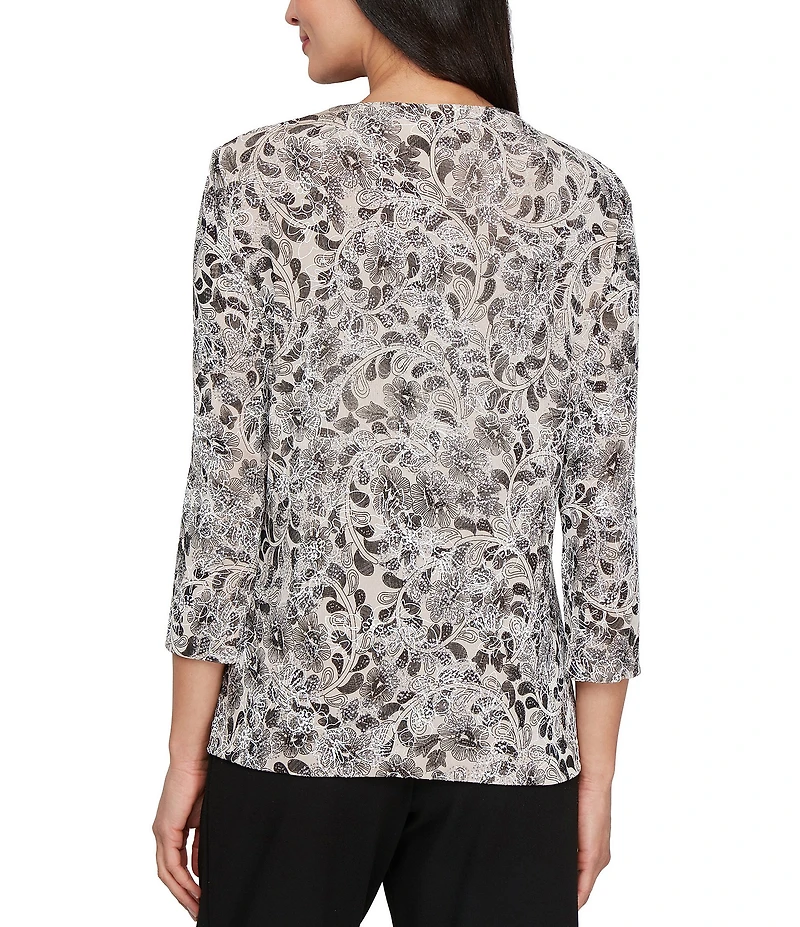 Alex Evenings Crew Neck 3/4 Sleeve Glitter Slinky Printed Twinset
