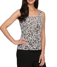 Alex Evenings Crew Neck 3/4 Sleeve Glitter Slinky Printed Twinset