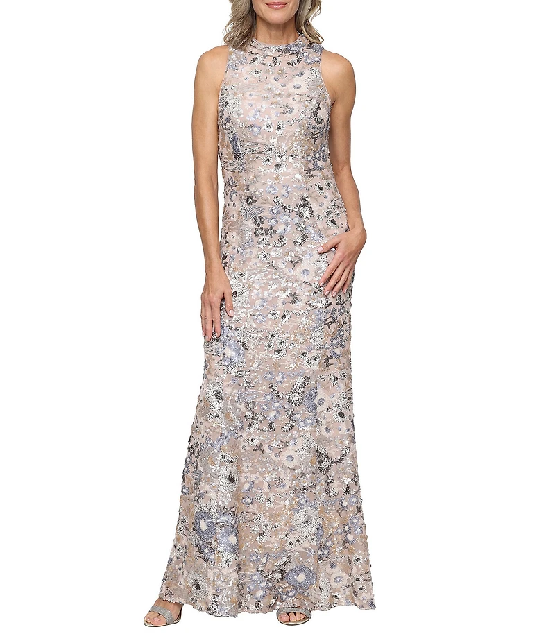 Alex Evenings Crew Neck Sleeveless Floral Sequin Sheath Dress