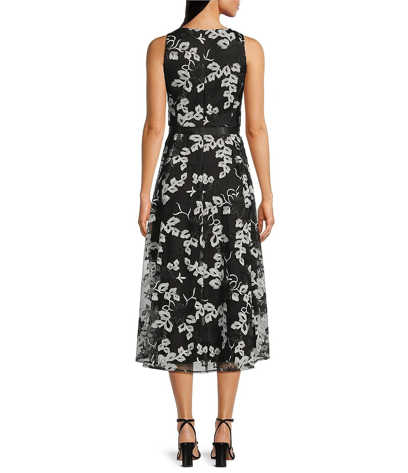Alex Evenings Crew Neck Sleeveless Tie Sash Embroidered Stretch Tulle High Low Midi Dress