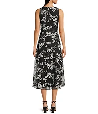 Alex Evenings Crew Neck Sleeveless Tie Sash Embroidered Stretch Tulle High Low Midi Dress