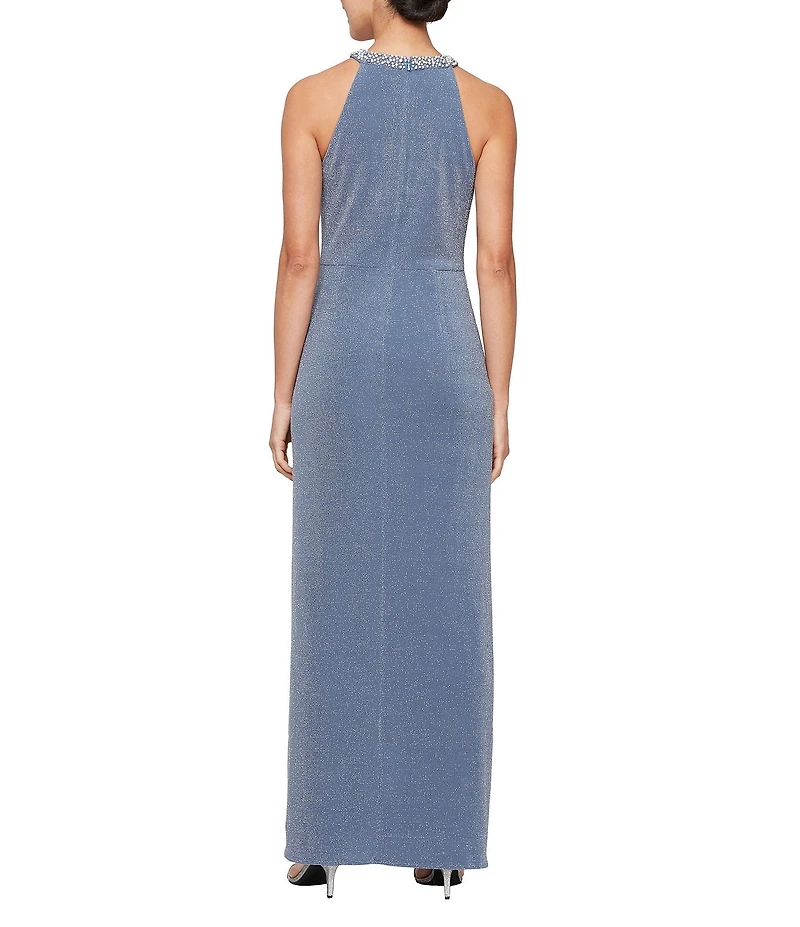 Alex Evenings Embellished Halter Neck Metallic Knit Dress