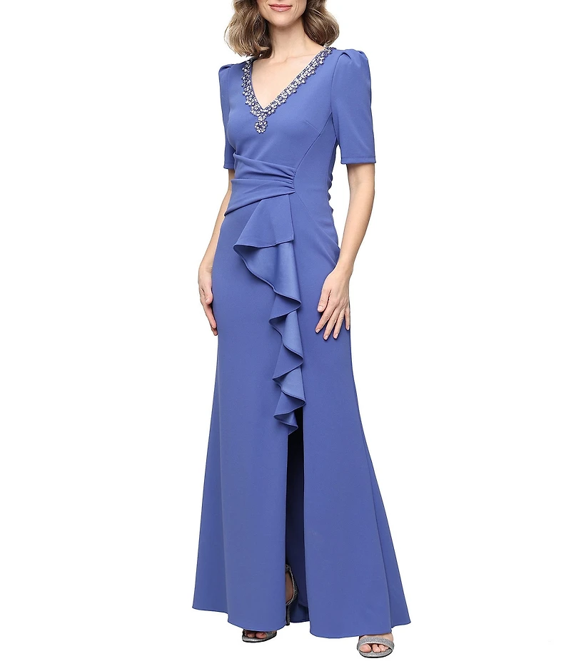 Alex Evenings Embellished V Neck Puff Shoulder Cascade Ruffle Long Stretch Crepe Dress