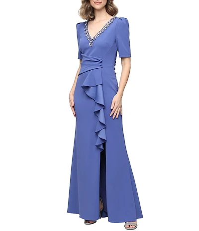 Alex Evenings Embellished V Neck Puff Shoulder Cascade Ruffle Long Stretch Crepe Dress