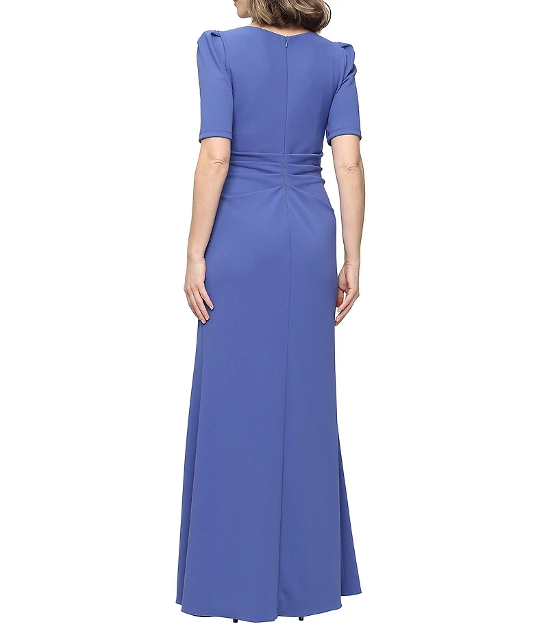 Alex Evenings Embellished V Neck Puff Shoulder Cascade Ruffle Long Stretch Crepe Dress