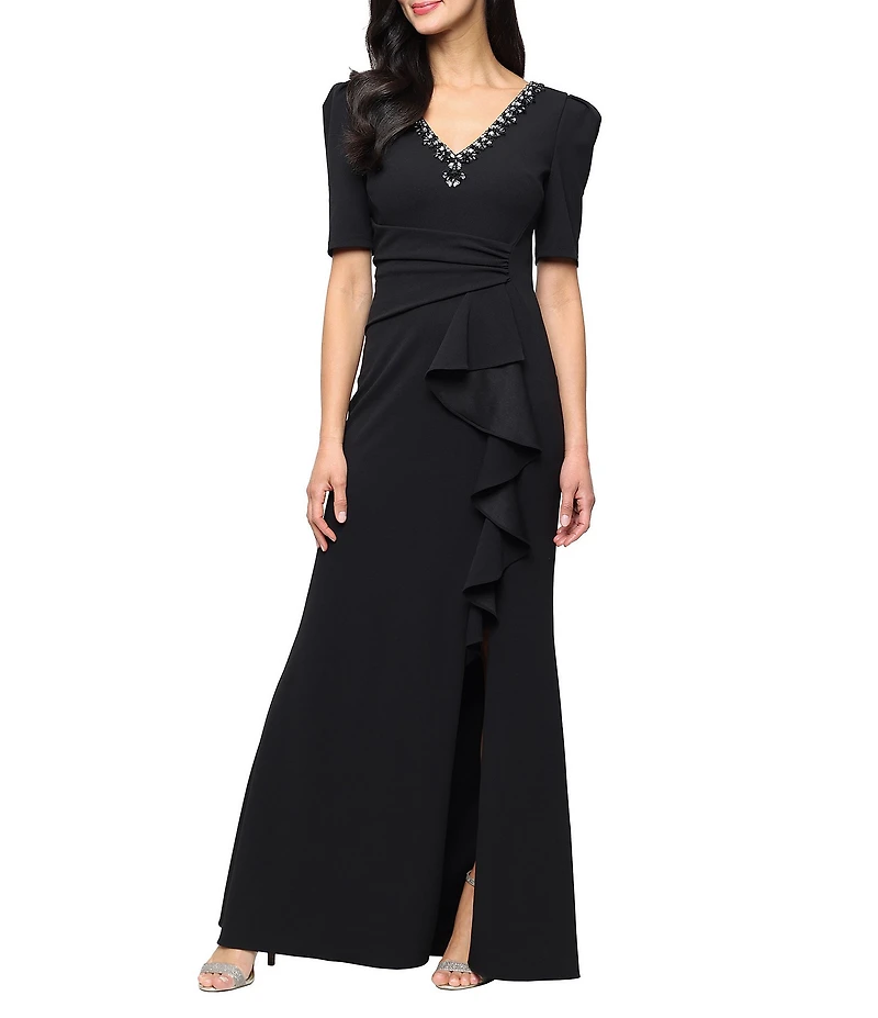 Alex Evenings Embellished V Neck Puff Shoulder Cascade Ruffle Long Stretch Crepe Dress