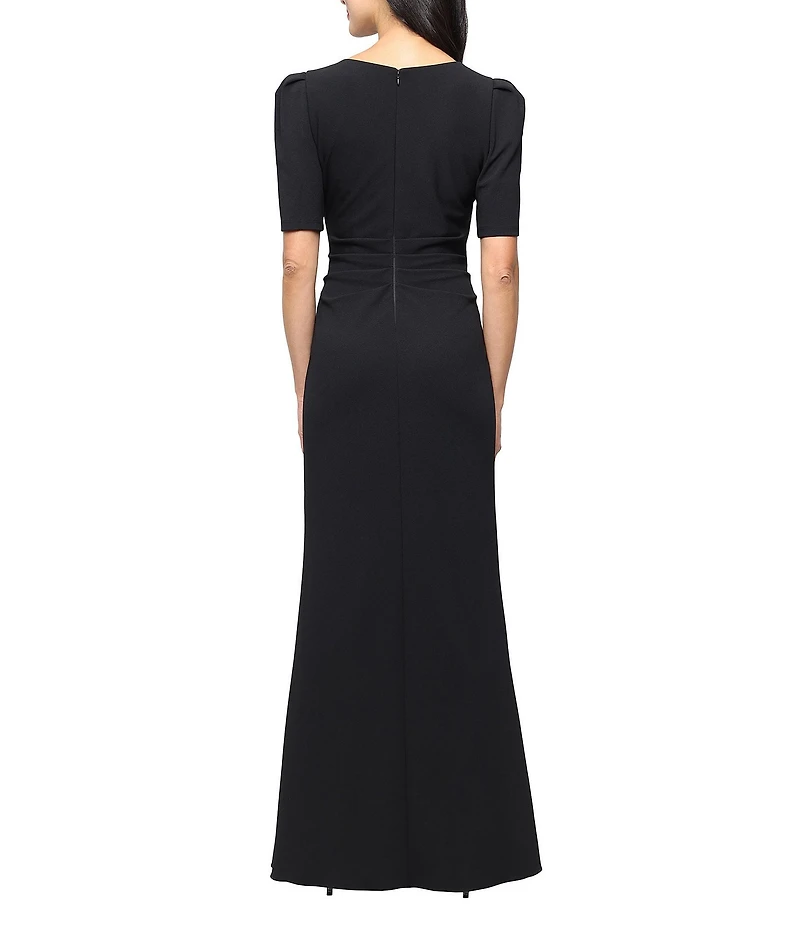 Alex Evenings Embellished V Neck Puff Shoulder Cascade Ruffle Long Stretch Crepe Dress