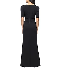 Alex Evenings Embellished V Neck Puff Shoulder Cascade Ruffle Long Stretch Crepe Dress