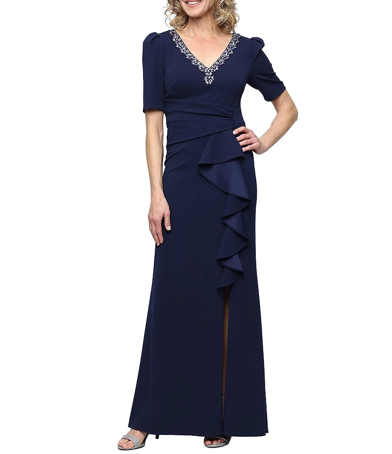 Alex Evenings Embellished V Neck Puff Shoulder Cascade Ruffle Long Stretch Crepe Dress