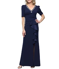 Alex Evenings Embellished V Neck Puff Shoulder Cascade Ruffle Long Stretch Crepe Dress