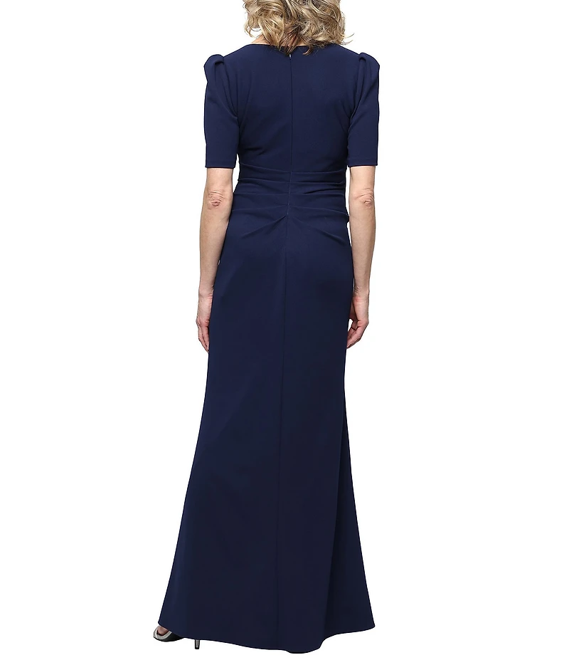 Alex Evenings Embellished V Neck Puff Shoulder Cascade Ruffle Long Stretch Crepe Dress