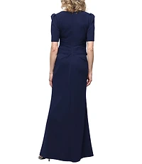 Alex Evenings Embellished V Neck Puff Shoulder Cascade Ruffle Long Stretch Crepe Dress