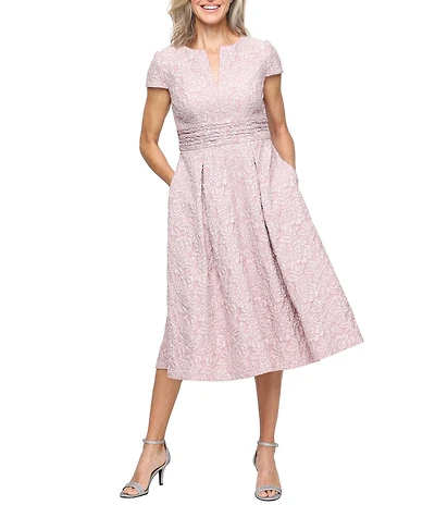Alex Evenings Embossed Crepe Notched Neck Ruched Waist Midi Dress