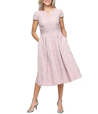 Alex Evenings Embossed Crepe Notched Neck Ruched Waist Midi Dress