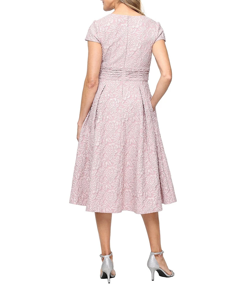 Alex Evenings Embossed Crepe Notched Neck Ruched Waist Midi Dress