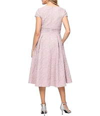 Alex Evenings Embossed Crepe Notched Neck Ruched Waist Midi Dress