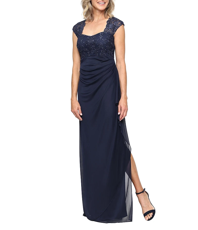 Alex Evenings Embroidered Bodice Square Neck Side Slit Long Dress