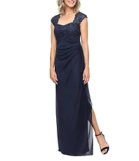Alex Evenings Embroidered Bodice Square Neck Side Slit Long Dress