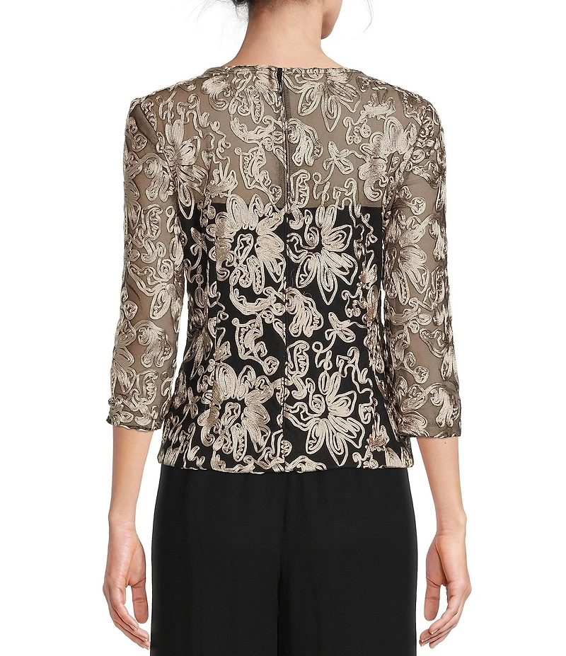 Alex Evenings Illusion Crew Neck 3/4 Sleeve Embroidered Floral Lace Top
