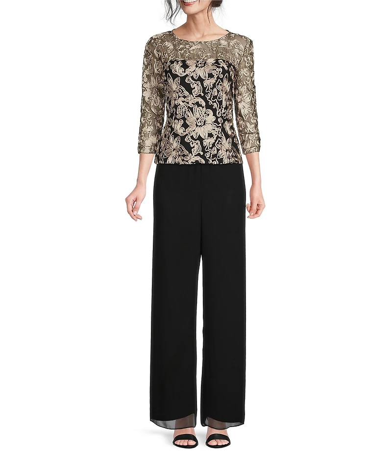 Alex Evenings Illusion Crew Neck 3/4 Sleeve Embroidered Floral Lace Top