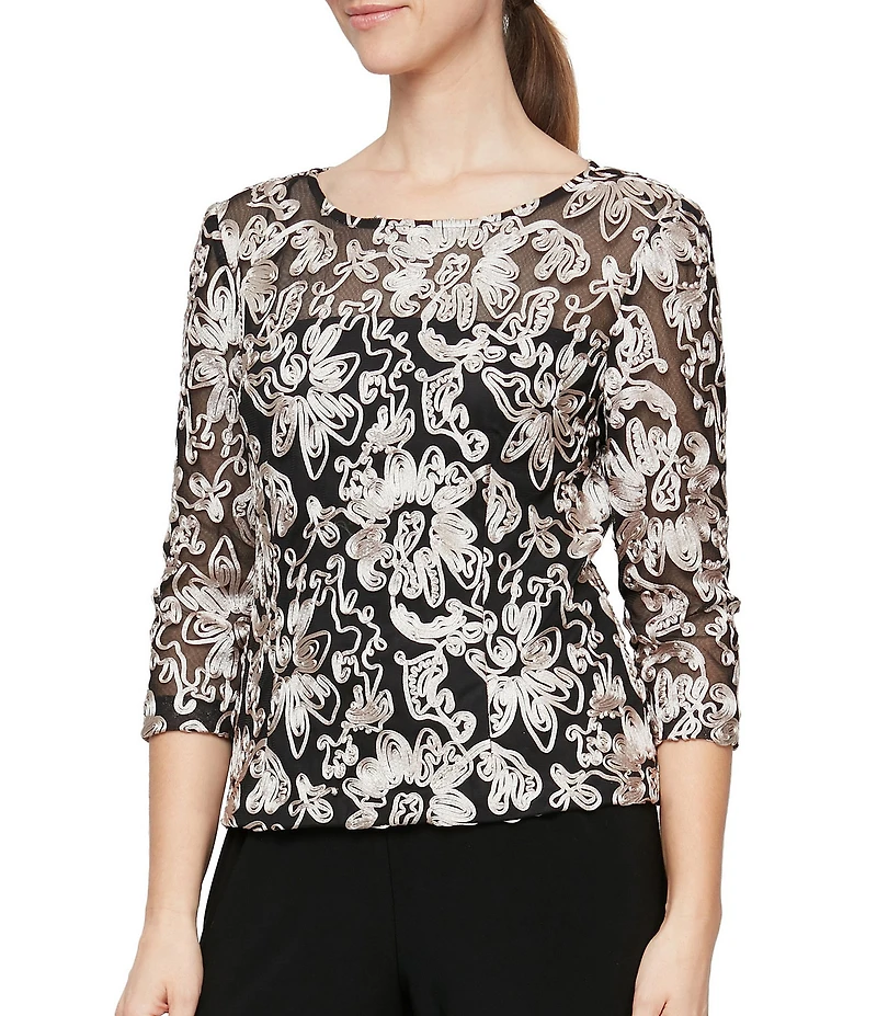 Alex Evenings Illusion Crew Neck 3/4 Sleeve Embroidered Floral Lace Top