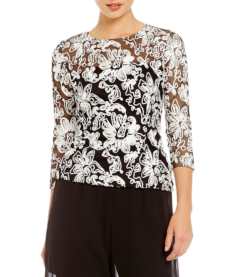 Alex Evenings Illusion Crew Neck 3/4 Sleeve Embroidered Floral Lace Top