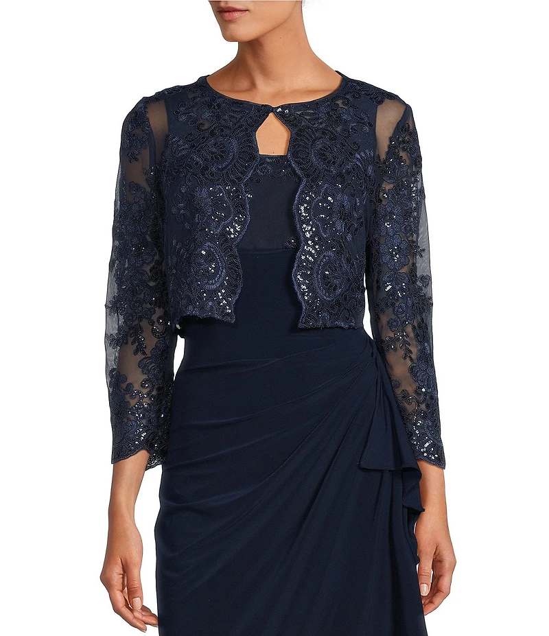Alex Evenings Embroidered Floral Lace 2-Piece Scoop Neck 3/4 Sleeve Slit 2-Piece Jacket Dress