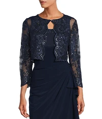 Alex Evenings Embroidered Floral Lace 2-Piece Scoop Neck 3/4 Sleeve Slit 2-Piece Jacket Dress