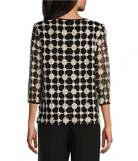 Alex Evenings Embroidered Stretch Tulle Crew Neck 3/4 Sleeve One Piece