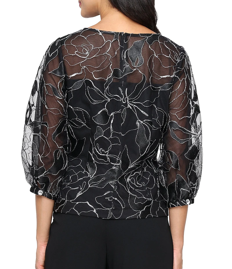 Alex Evenings Embroidered Stretch Tulle Illusion Neck 3/4 Sleeve Blouse