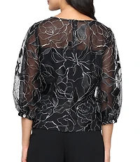 Alex Evenings Embroidered Stretch Tulle Illusion Neck 3/4 Sleeve Blouse