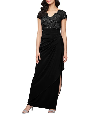 Alex Evenings Embroidered Tulle Cap Sleeve V Neck Empire Waist Long Dress