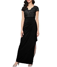 Alex Evenings Embroidered Tulle Cap Sleeve V Neck Empire Waist Long Dress