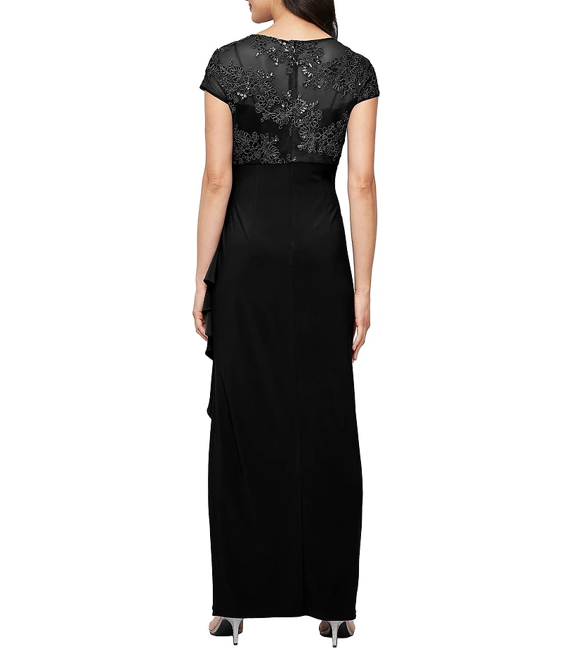 Alex Evenings Embroidered Tulle Cap Sleeve V Neck Empire Waist Long Dress