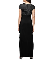 Alex Evenings Embroidered Tulle Cap Sleeve V Neck Empire Waist Long Dress