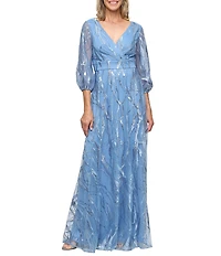 Alex Evenings Embroidered Tulle Surplice Neck Bubble Sleeve Long Dress