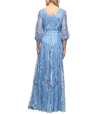 Alex Evenings Embroidered Tulle Surplice Neck Bubble Sleeve Long Dress