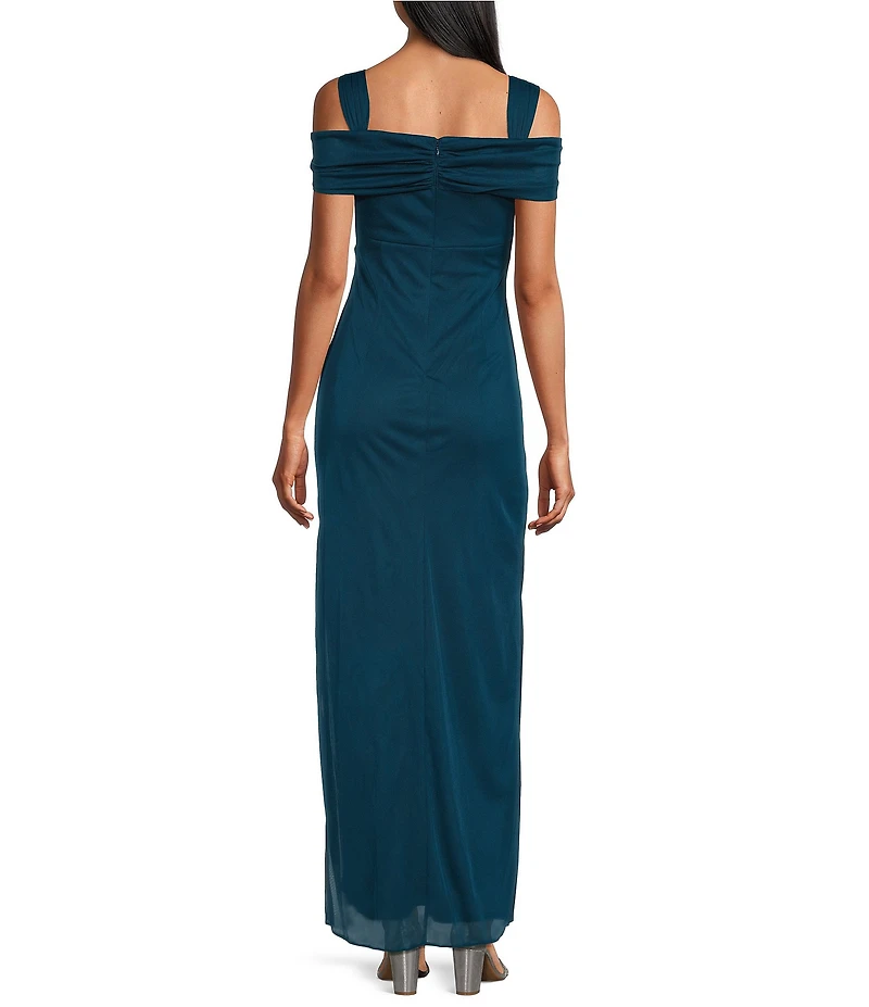 Alex Evenings Exposed Shoulder Draped Neck Cap Sleeve Ruched Waterfall Hem Mesh Gown