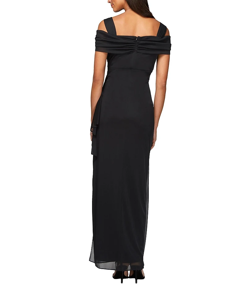 Alex Evenings Exposed Shoulder Draped Neck Cap Sleeve Ruched Waterfall Hem Mesh Gown