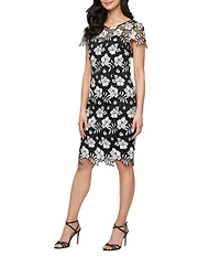 Alex Evenings Floral Embroidered Lace Illusion Boat Neck Short Sleeve Sheath Dress