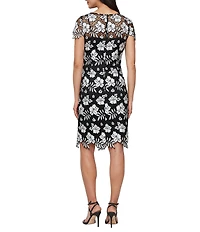 Alex Evenings Floral Embroidered Lace Illusion Boat Neck Short Sleeve Sheath Dress