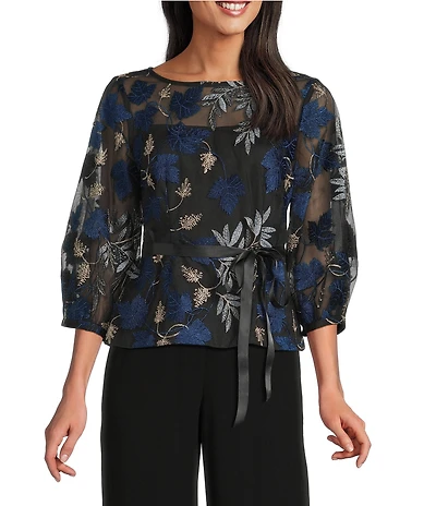 Alex Evenings Floral Embroidered Stretch Tulle Bubble Hem Sleeve Blouse