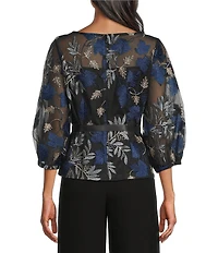 Alex Evenings Floral Embroidered Stretch Tulle Bubble Hem Sleeve Blouse